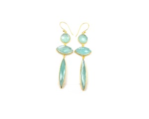 Aqua Calcédoine Gemstone Plaqué or Cadeau de fête classique Pendaison Goutte Mode Hoop Boucle d'oreille Ensemble Double Pierre - Product Image 1