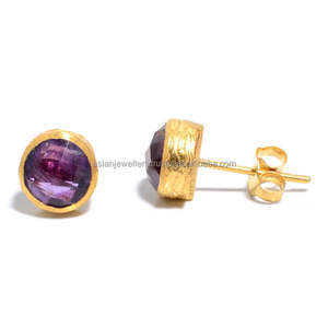 Boucle d'oreille or Vermeil argent sterling Améthyste Quartz Pierre fine clou d'oreille - Product Image 1