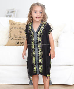 Robe de plage pour petite fille, tenue mignonne et tendance, style Boho, cover-up pour enfants, vent d'été brodé, ourlet à franges, Kaftan avec dentelle et pompon, - Product Image 2