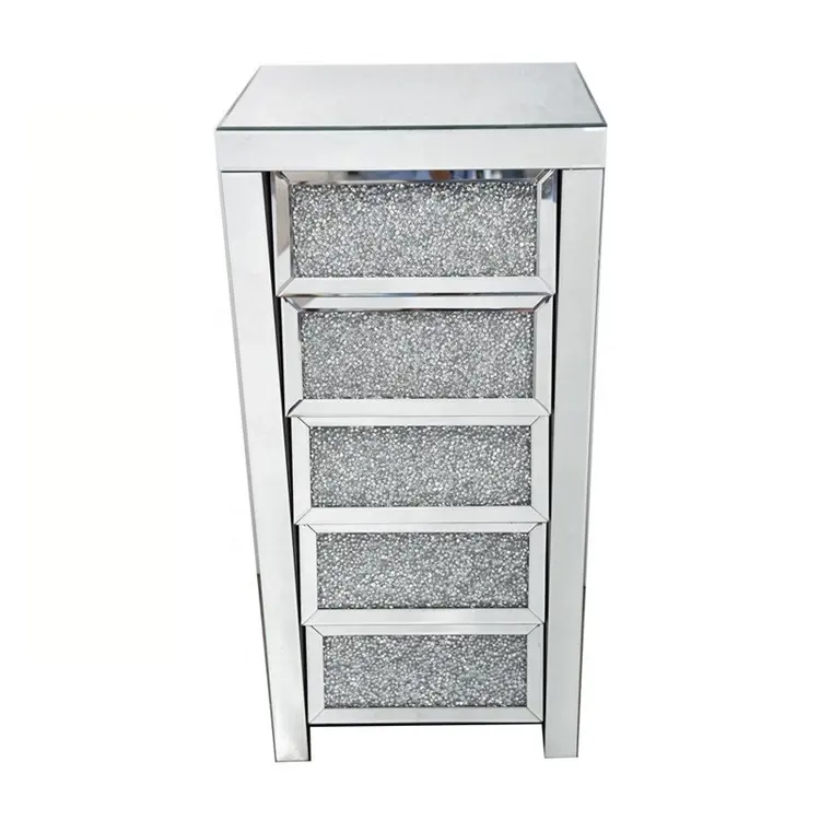 Home furniture crushed diamond mirrored glass 5 chest of drawers