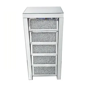 Home furniture crushed diamond mirrored glass 5 chest of drawers