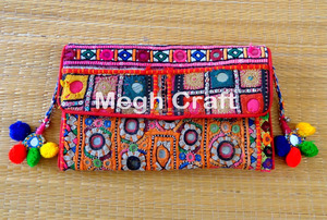 Gujarati Handmade Mirror <b>Work</b> Clutches - Indian Embroidered Banjara Vintage Clutch <b>Bag</b> - Vintage <b>Leather</b> Fringe <b>Bag</b> - Product Image 5