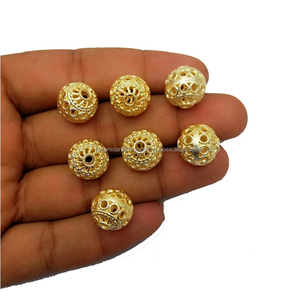 Cuentas Redondas de 14 mm con Diseño <span class=keywords><strong>Jali</strong></span> Chapadas en Oro, Cuentas Hechas a Mano para la Fabricación de Joyas - Product Image 1