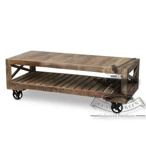 Industrial Raw Wood Finish Coffee Table With Wheels