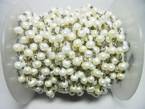 Natural Pearl 6mm Round Bead Gunmetal Plated Wire <b>Rosary</b> Chain - Product Image 2