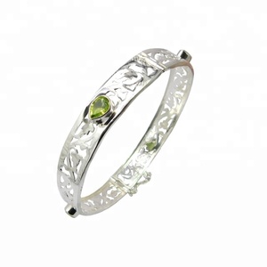 Wholesale Natural Peridot Gemstone <b>Bangle</b> Bracelet 925 Sterling Silver With <b>Gold</b> Diamond Pearl Jewelry Exporter - Product Image 1