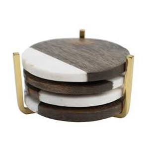 White Marble and Wood <b>Coaster</b> with Stand Set of 4, <b>Drink</b> <b>Coasters</b> for Coffee Table, Table Protection <b>Drink</b> <b>Coasters</b> - Product Image 1
