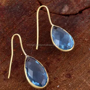 Set Bezel Topaz Biru, Anting Kait Lapisan Kuningan Batu Permata