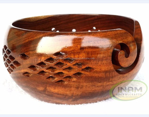 Designer and Fashionable Sheesham Wood Crafted Wooden Yarn <b>Storage</b> Bowl With Carved Holes & Drills, <b>Knitting</b> Crochet Accessories - Product Image 2