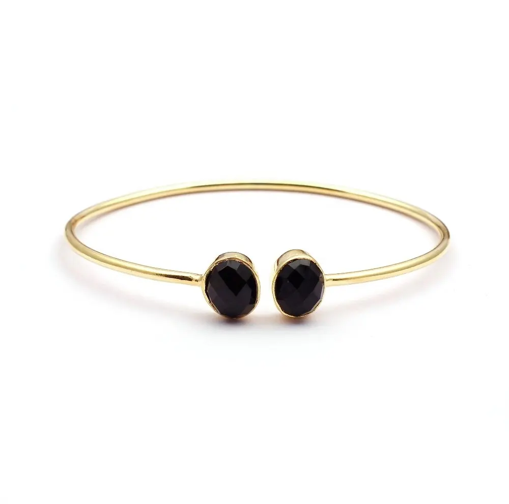 Black onyx oval shape cut gemstone bangle gold plated adjustable bangle collet setting adjustable bracelet fashionable jewelry