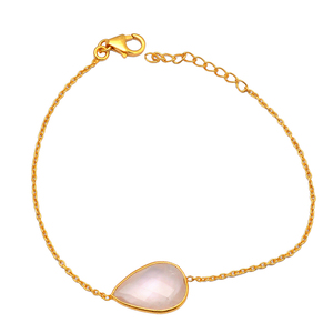 Briolette pera cuarzo rosa chapado en oro Cadena de plata Pulsera joyería cuarzo rosa piedra lunar en bruto craquelado cristal piedra preciosa - Product Image 1