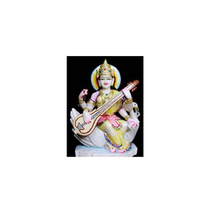 White Marble Saraswati Maa Goddess Sitting Position With Lotus Hands On Veena For <b>Home</b> Decor Manufacturer Of Indian Handmade - Product Image 1