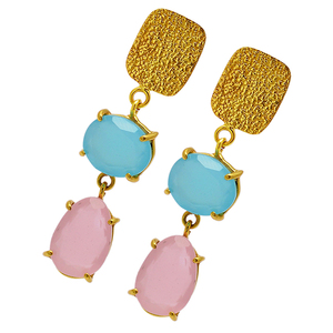 Pendiente de tuerca de piedras preciosas de Calcedonia de agua rosa de Plata de Ley 925, ajuste de punta chapado en oro, Unisex para aniversario de boda o fiesta - Product Image 1