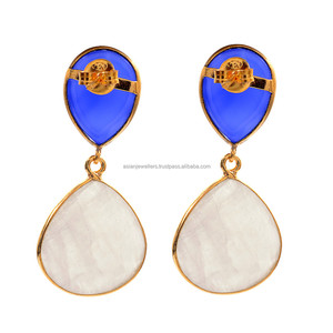 925 Sterling Silver Blue chalcedony & Rainbow Moonstone Gemstone Earrings - Product Image 2
