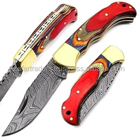 Cuchillo plegable Damasco, mango de madera rojo multicolor, de bolsillo, superafilador, ZR55