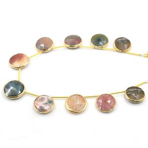 Jasper Round Shape <b>Silver</b> Bezel Gold Plated <b>Top</b> Side Drilled 10 Beads Strand - Product Image 4