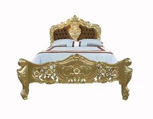 เตียงไม้เนื้อแข็งแกะสลักด้วยมือไม้มะฮอกกานีพร้อมเบาะสำหรับใช้ในบ้านสไตล์ฝรั่งเศส Rococo โบราณ - Product Image 1