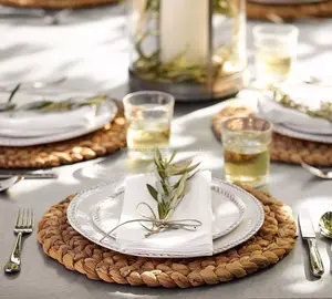 Placa de carregador de jacinto de água tecido de palha de melhor qualidade, almofadas de mesa ecológicas elegantes para utensílios de mesa de casamento