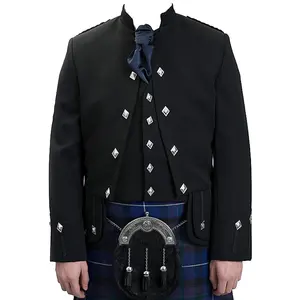 Jaket dan Rompi Sherifmuir Wol Hitam Dibuat untuk Mengukur Kain Melton Pakaian Skotlandia Jaket Kilt dengan Harga Grosir untuk Semua Usia