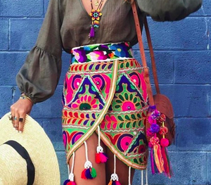 กระโปรงบันจารารีไซเคิลวินเทจไซส์ XS ผ้าฝ้ายปักลายสไตล์ตะวันตกระบายอากาศได้พร้อมการตกแต่งแบบปัก - Product Image 1