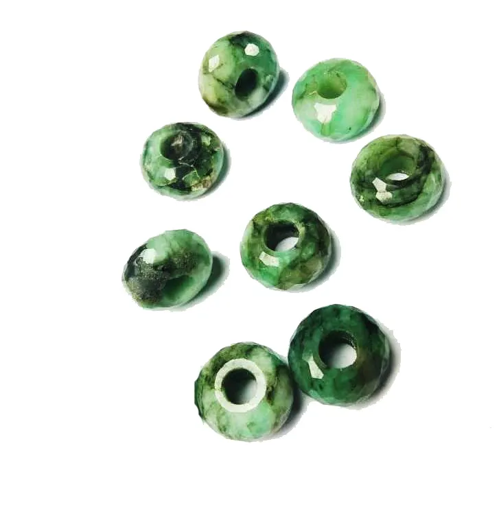 Emerald Green Big Hole Faceted Gemstone Bead - 14x8mm Flat Round Gemstone Bead