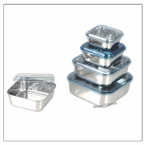 <b>Stainless</b> <b>Steel</b> Square Bowls with Detachable Blue Acrylic Lid Eco-Friendly 350ml Capacity Glossy Finish Mayur Exports Model 9105 - Product Image 1