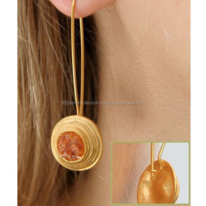 Venta al por mayor americano crudo citrino chapado en oro Tribal latón mujer moda gota pendientes aro joyería - Product Image 1