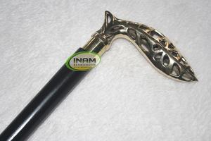 Canne de marche vintage INAM HANDICRAFTS avec poignée en laiton et embout en métal sculpté, manche en bois naturel - Product Image 2