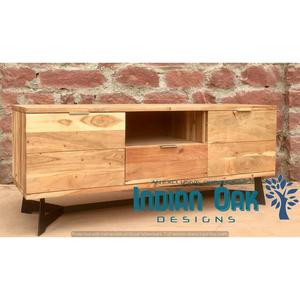 Mueble de TV de madera maciza de Acacia Muebles de sala de estar de estilo industrial con soporte y mesa de TV de madera y hierro - Product Image 2