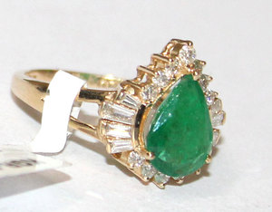 Éblouissante poire forme 14k solide or jaune véritable émeraude et diamant pierre précieuse victorienne bague de mariage bijoux Vintage pour les femmes - Product Image 2