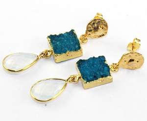 Naturel bleu ciel sucre Druzy avec calcédoine blanche boucle d'oreille en laiton plaqué or jaune boucle d'oreille pour les femmes bijoux inde - Product Image 3