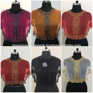 Latest Exclusive Women's Plus Size Short Casual Poncho <b>Top</b> Shrug Soft Net Fabric Gold Bead Stone Embroidery Solid Print Work - Product Image 6