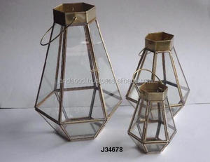 Brass and Glass Geometric Designs <b>Lantern</b> With Antique Brass Finish Home Decor Christmas Home Decoration - Product Image 2