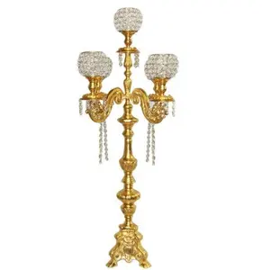 Antique Embossed Shiny Golden Crystal Glittering Glam Candelabra For Wedding Table Centerpiece Decorated Bowl Tealight Holder