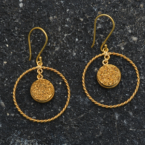 Classic Romantic Party Wear Natural Golden Druzy Gemstone Gold Plated Handmade 925 <b>Sterling</b> <b>Silver</b> 4cm <b>Drop</b> Women <b>Earrings</b> - Product Image 6