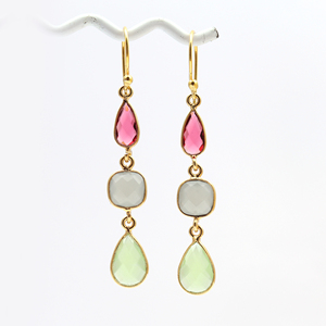 Boucles d'oreilles en laiton plaqué or, crochet de réglage de la lunette, trois pierres précieuses suspendues style boucles d'oreilles paires pour femmes et filles bijoux de mode cadeaux - Product Image 1