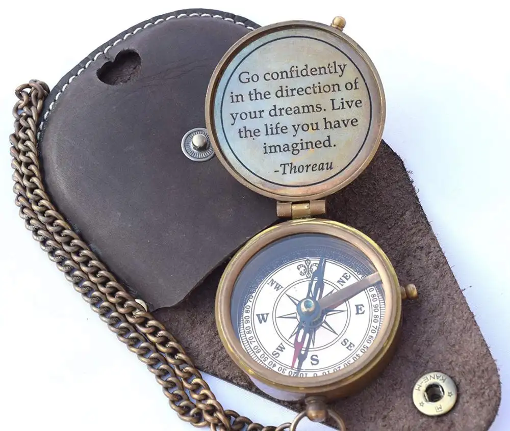 Nautical Engraved Brass Compass Go Confidently Quote Engraved Compass with Stamped Leather case, Camping Compass