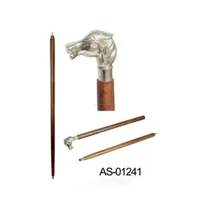 Horse Head Walking Stick With Brass Handle Wooden Shaft