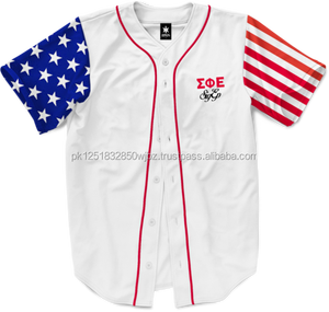 Maillot de baseball brodé personnalisé blanc avec bordure rouge, manches drapeau américain, lettres grecques Sigma Epsilon, coupe classique pour homme, manches courtes - Product Image 3