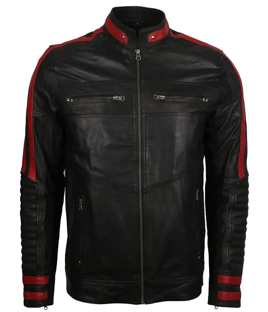 Men's Leather Jacket Black & Red Slim Fit Biker Vintage Motorcycle Cafe Racer/Red strips biker leather jacket