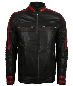 Chaqueta de cuero para hombre Negro y Rojo Slim Fit Biker Vintage Motorcycle Cafe Racer/Red Strips Biker Chaqueta de cuero - Product Image 1