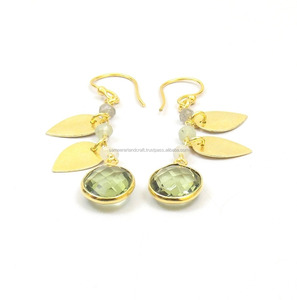 Natural Green Amethyst Quartz Gemstone Oval Shape Gold Plated Jewelry Leaf Design Beaded Rosary <b>Chain</b> <b>Hoop</b> <b>Earring</b> Set - Product Image 2