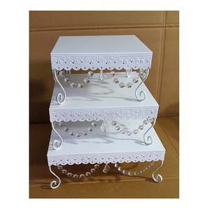 Handmade Eco-Friendly <b>White</b> Metal Wedding <b>Cake</b> <b>Stand</b> with Hanging Crystals for Home Kitchen Use - Product Image 1