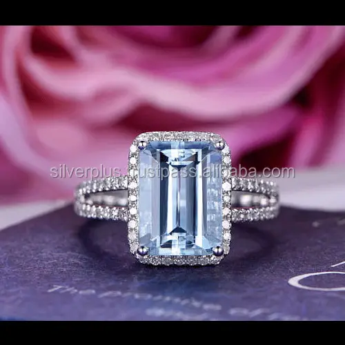 ソリッド14KホワイトゴールドナチュラルアクアマリンジェムストーンSIクラリティG-Hカラーダイヤモンドユニークな婚約指輪卸売業者