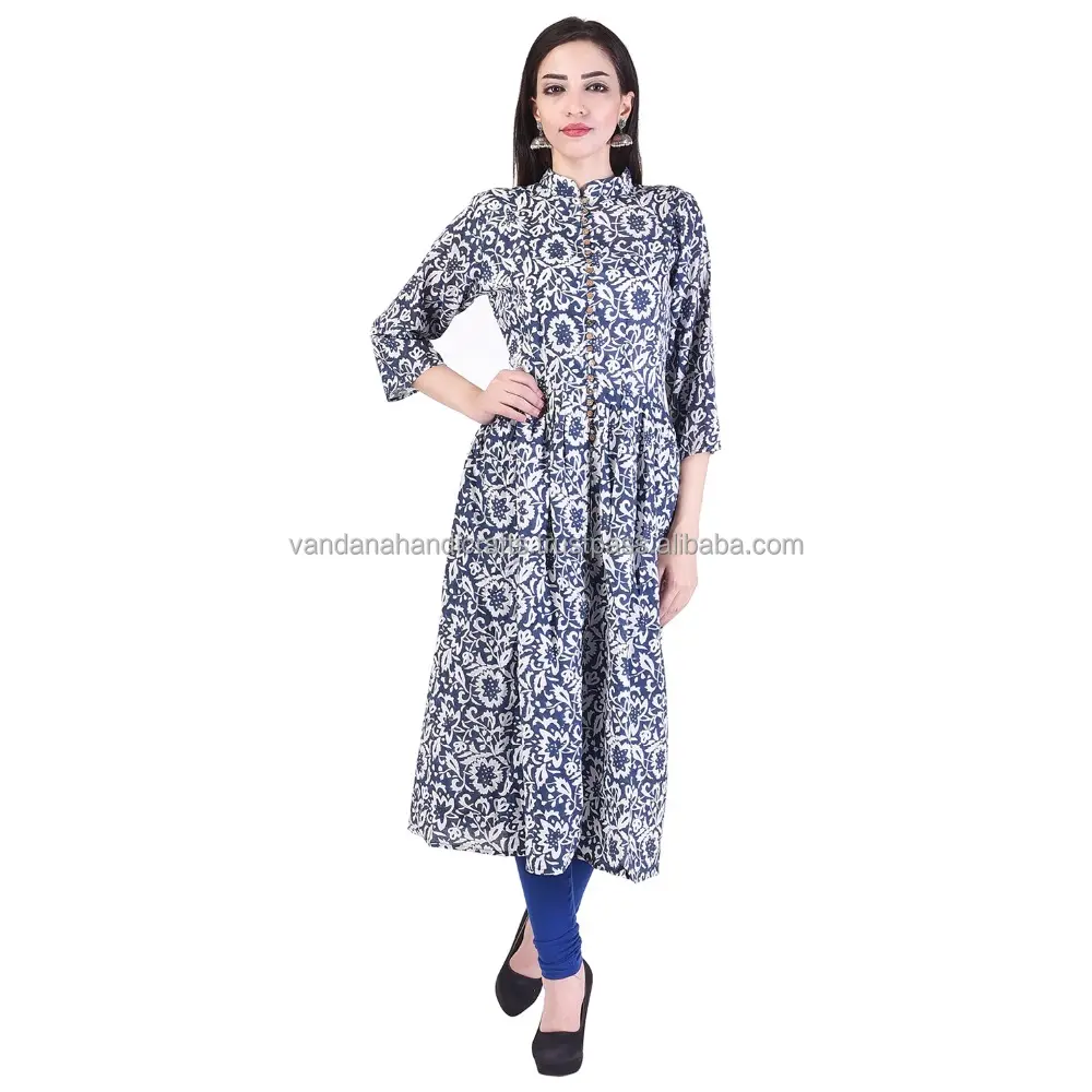 Gaun Wanita Katun Motif India A-Line Kurta/Kurti dengan Kancing Desainer Pakaian Kantor Kasual Panjang