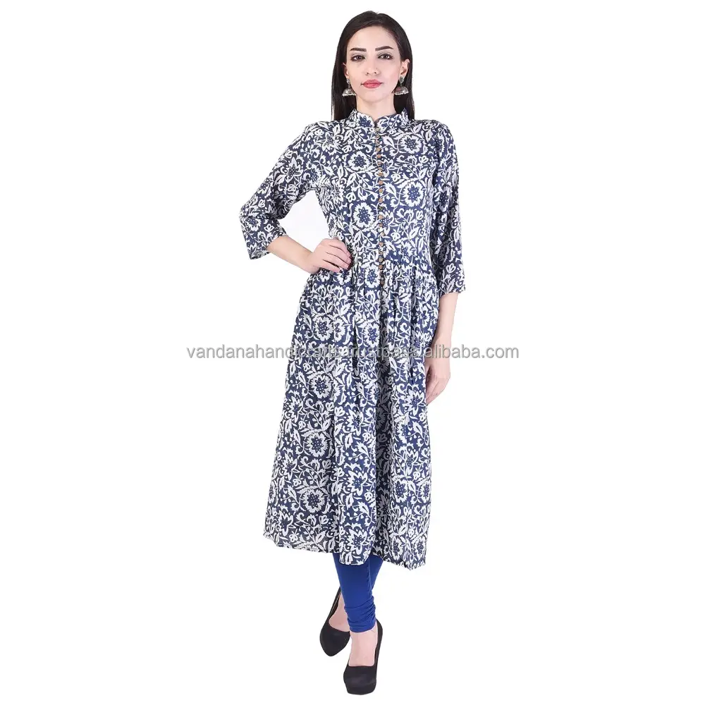 Katoen Indian Gedrukt A-lijn Kurta/Kurti Met Designer Knoppen Lange Casual Office Wear Womens Dress