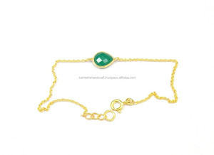 Handmade Gold Plated Sterling <b>Silver</b> <b>Bracelet</b> Green Onyx Multi-Gemstone with Pear Shape CZ Birthstone Natural <b>Charm</b> <b>for</b> Gift - Product Image 2