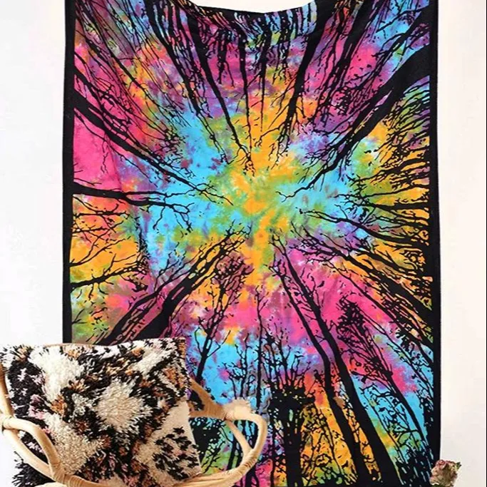 Colorful Forest Tapestry - Psychedelic Tie & Dye Wall Hanging - Mandala Tapestry - Bohemian Bedspread Hippie Blanket Throw