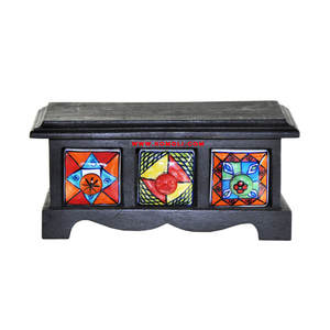 Caja de joyería en miniatura, cajones de cerámica de madera, juego de cerámica azul - Product Image 1