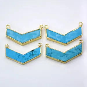 Wholesale Gold Plated Blue Howlite Turquoise Chevron Connector Double Bails Handmade Boomerang Turquoise Gemstone Jewelry Charm